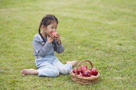 Foto de Linda chica con manzanas en el jardín - Imagen libre de derechos