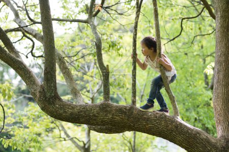 Foto de Niña feliz trepando un árbol - Imagen libre de derechos