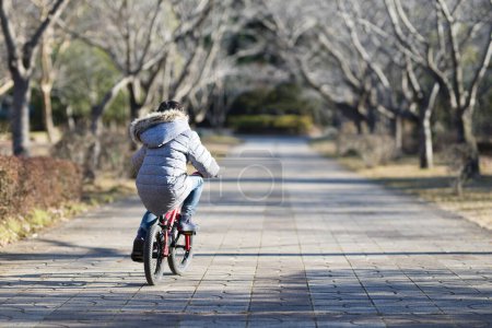 Téléchargez les photos : Mignonne petite fille asiatique chevauchant sur le vélo dans le parc - en image libre de droit