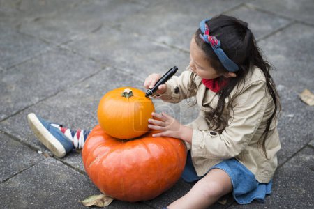 Téléchargez les photos : Petite fille dessinant un visage sur la citrouille Halloween - en image libre de droit