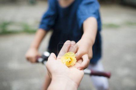 Téléchargez les photos : Parent et enfant remettant la fleur - en image libre de droit