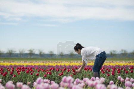 Téléchargez les photos : Femme relaxante dans le champ de tulipes - en image libre de droit