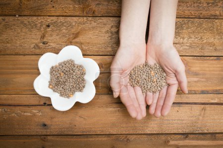Child's hands with lentils