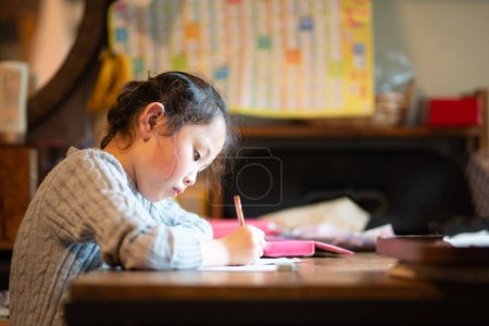 Photo for Young girl doing homework at home - Royalty Free Image