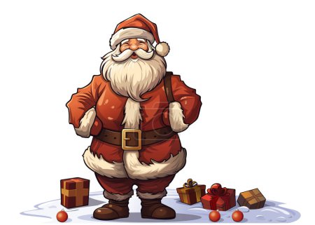 Illustration for Cheerful Santa Claus with Christmas gifts. Retro style vector illustration isolated on white background - Royalty Free Image