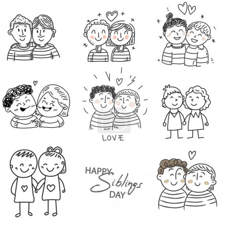 Illustration for Set of doodle style siblings love vector design, for sibling day - Royalty Free Image