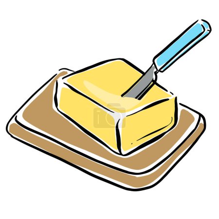 Ein Butterblock auf einem Butterständer und ein Vektor zur Illustration von Messerzeichnungen