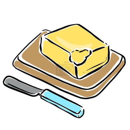 Ein Butterblock auf einem Butterständer und ein Vektor zur Illustration von Messerzeichnungen