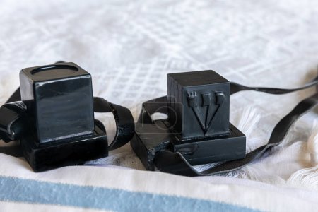 Photo for Close-up photo of tefillin and tallit. A symbol of the Jewish people - Royalty Free Image