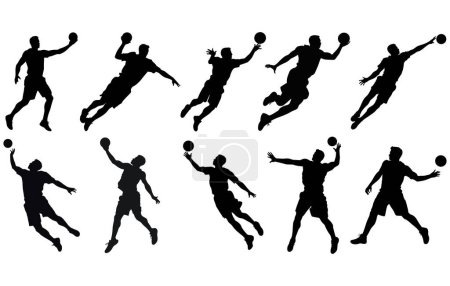 Illustration for Set of Handball Players Silhouetes,Handball player in action, attack shut in jumping vector silhouette. - Royalty Free Image