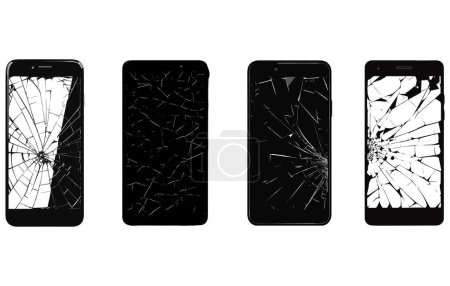 Cracked smartphone screen silhouette, Broken phone screen icon set. mobile crack screen vector