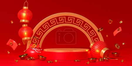 Photo for Red podium chinese new year concept. product stand podium background pedestal 3D rendering illustration. - Royalty Free Image