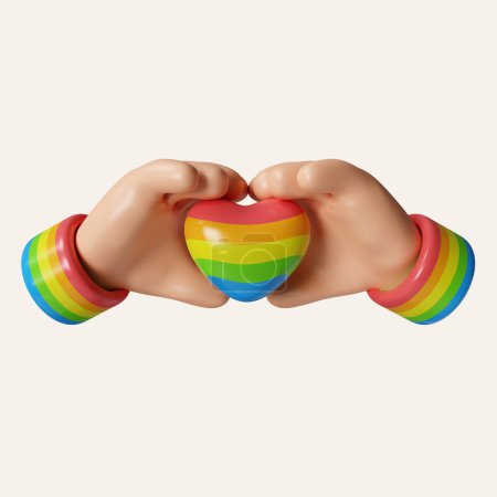 3d hand hold Heart. Lgbt rainbow flag. Gay pride, transgender, lesbian community shiny button in rainbow colors. icon isolated on white background. 3d rendering illustration. Clipping path..