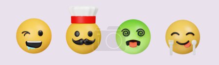 Téléchargez les photos : 3D Emoji Hungry, Chef, Vomit, Yummy. Réaliste Jaune Brillant 3d Emotions visage. icône isolée sur fond gris. Illustration de rendu 3D. Sentier de coupe.. - en image libre de droit