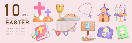 3D illustré ensemble festif mignon de shopping Oeufs de Pâques icônes. panier, oeuf, signe, cadeau, calendrier, lapin, gâteau, tags, poussin, Illustration 3D Pâques festive..