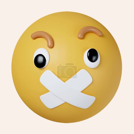 3d Taped Mund Emoji. Halt die Klappe, stummes, verwirrtes Gesicht. Symbol isoliert auf grauem Hintergrund. 3D-Darstellung. Steilpfad..