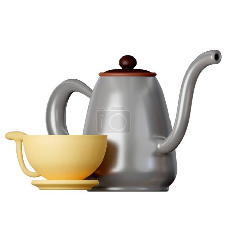 A set of teapot and tea glass Cartoon Style Isolated on a White Background. 3d illustration.