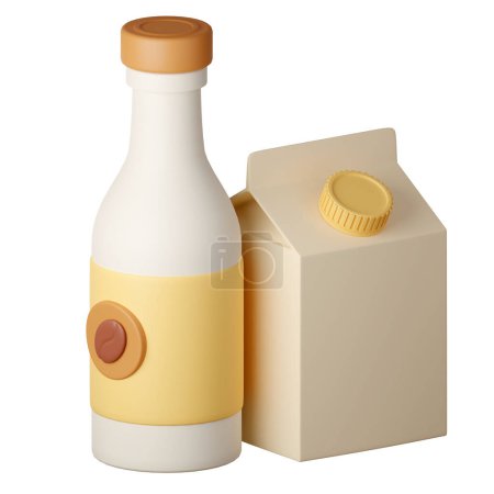 3d ein Karton Kaffeemaschine Latte und eine Flasche Kaffeemaschine Cartoon Style Isoliert auf weißem Hintergrund. 3D-Illustration.