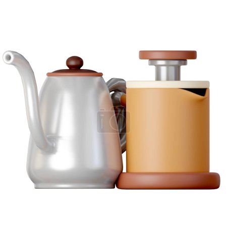 A kettle and french press Cartoon Style Isolated on a White Background. 3d illustration.