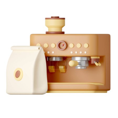 Coffee bean and coffee machine Cartoon Style Isolated on a White Background. 3d illustration.