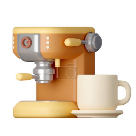Eine Tasse Kaffee und Kaffeemaschine auf weißem Hintergrund. 3D-Illustration.