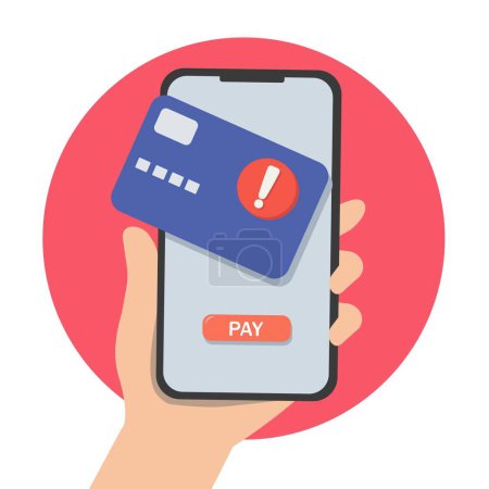Illustration for Contactless cashless payment with credit card on mobile phone. paying problem fail or reject on screen. vector illustration. - Royalty Free Image