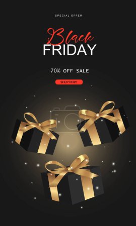 Affiche promotionnelle du vendredi noir avec boîte cadeau brillante, vente shopping et remise festive. Illustration vectorielle..