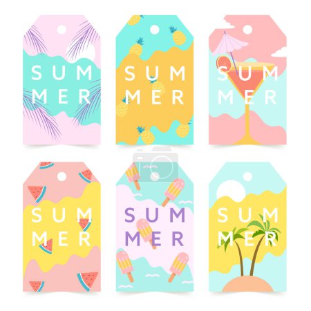 Summer sale tags, Summer set of sale and gift tags, labels with fun elements, Collection with palm tropical leaves, plants, lemon, pineapple and much more..