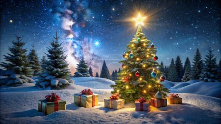 Árbol de Navidad y cajas de regalo en la nieve en la noche con brillante estrella y bosque - Paisaje abstracto de invierno