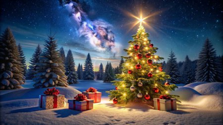 Foto de Árbol de Navidad y cajas de regalo en la nieve en la noche con brillante estrella y bosque - Paisaje abstracto de invierno - Imagen libre de derechos