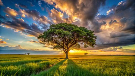 Weitwinkelaufnahme eines einzelnen Baumes, der unter einem bewölkten Himmel wächst, während eines Sonnenuntergangs, der von Gras umgeben ist