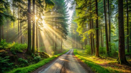 Route sinueuse de gravier à travers le vert ensoleillé Forêt éclairée par des rayons de soleil à travers la brume