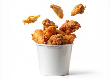 Fried chicken flying out of paper bucket isolated on white background, Fried chicken on white With clipping path