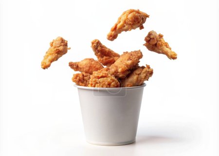 Fried chicken flying out of paper bucket isolated on white background, Fried chicken on white With clipping path
