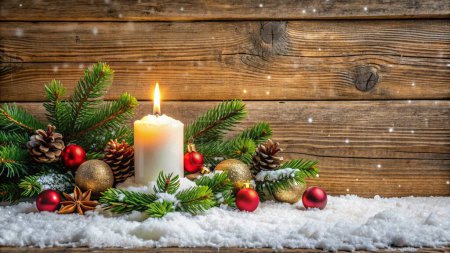Christmas or Advent wood background with a candle. Christmas or Advent wood background with a burning candle on snow, decorated with fir branches and ornaments, panoramic format with copy space