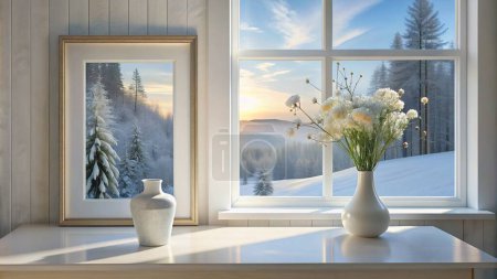 Un vase délicat orne une grande fenêtre blanche, reposant sur une table en bois blanc. Une image encadrée d'un paysage enneigé sert de toile de fond