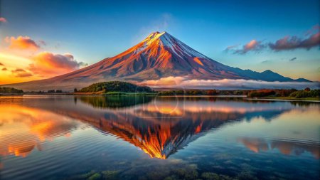 Vulkanischer Berg im Morgenlicht reflektiert in ruhigem Wasser des Sees