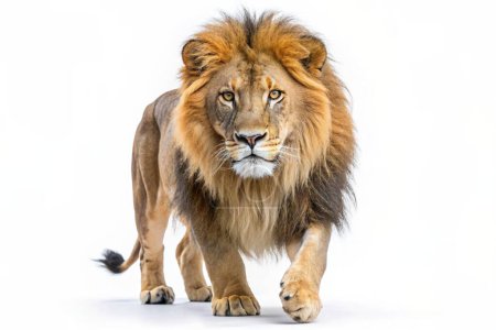 Foto de Vista lateral de un León caminando, mirando a la cámara, Panthera Leo, 10 años, aislado en blanco - Imagen libre de derechos