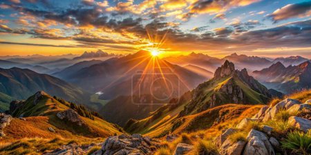 Sunrise over majestic mountains, casting a warm glow on the landscape