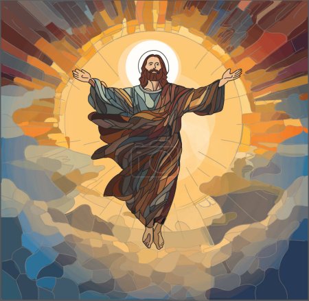 Vector illustration of Jesus Christ ascending to heaven, sunrise rays, stained glass effect.