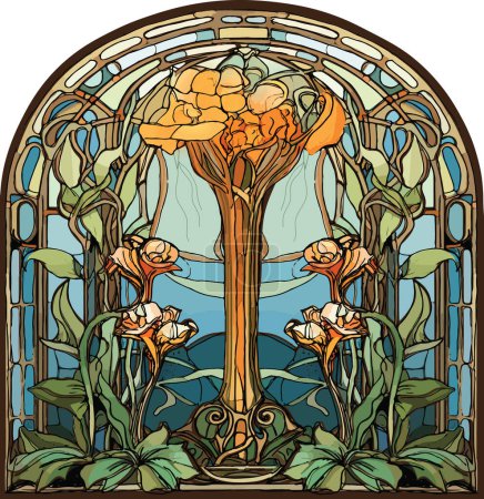 Illustration for Stained glass art nouveau style window, floral motif, orange and yellow flowers, arched frame - Royalty Free Image