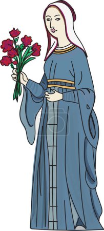 Téléchargez les illustrations : Illustration de femme médiévale en robe bleue et hennin blanc tenant un bouquet de roses rouges - en licence libre de droit