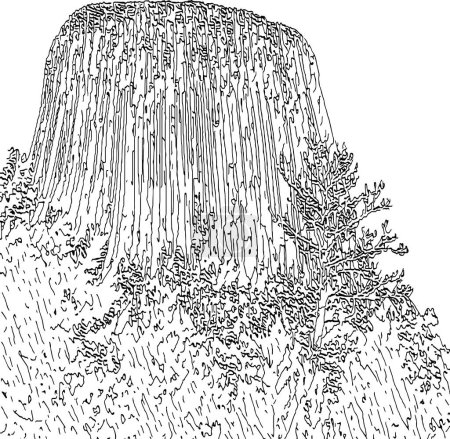 Drawing of Devils Tower rock formation in Wyoming, United States. Black and white line art vector.