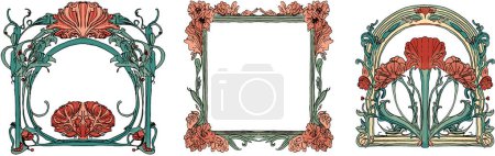 Illustration for Three frame vector set of red carnation flower art nouveau design element - Royalty Free Image