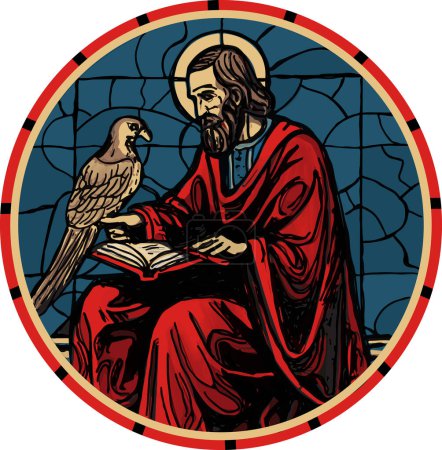 Téléchargez les illustrations : Vitrail rond d'un saint catholique tenant un oiseau, interprétation de saint François d'Assise ou de saint Gall, fond bleu avec bordure rouge. - en licence libre de droit