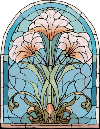 Illustration for Stained glass window of three pink lily flowers, art nouveau style - Royalty Free Image