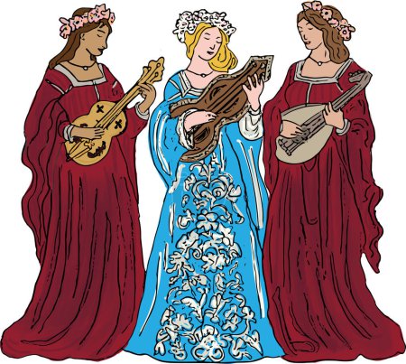Illustration for Illustration of three female medieval minstrels playing stringed instruments, red and blue gowns, flowers in hair - Royalty Free Image