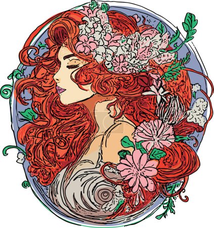 Téléchargez les illustrations : Vecteur d'une femme aux longs cheveux roux, fleurs, composition ovale - en licence libre de droit