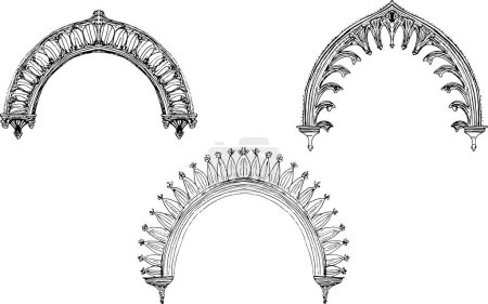 Ilustración de Conjunto de tres arcos dibujados a mano, cornisas barrocas y góticas o arcos con elementos de diseño estriados y puntiagudos - Imagen libre de derechos