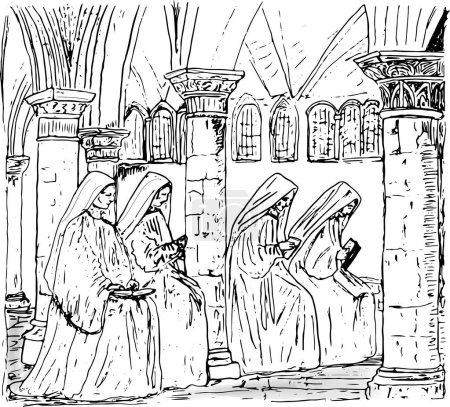 Illustration von vier sitzenden katholischen Nonnen im besinnlichen Abendgebet (Vesper) in der Klosterkapelle, Schwarz-Weiß-Illustration